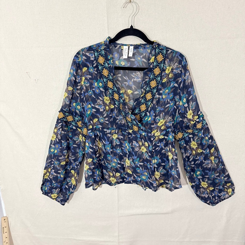 Meadow Rue by Anthropologie Navy Floral Embroidered Sheer Blouse Womens Medium